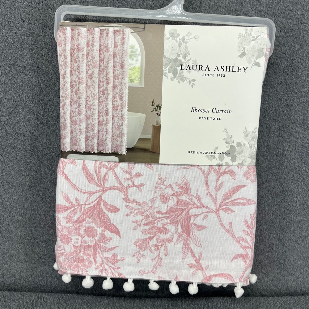 Laura Ashley Shower Curtain Faye Toile 72x72 Blush Pink Floral Cotton Pom Pom